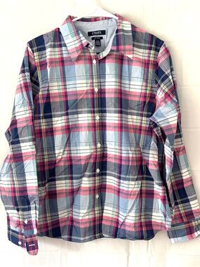 NWOT Chaps Plaid Blue White Red No Iron Button-Up SZ L P